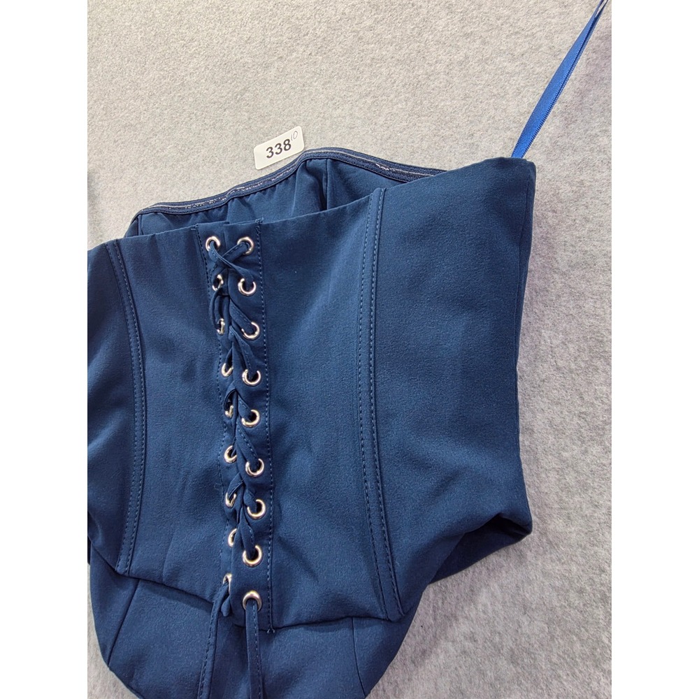 Navy Blue Lace Up Back Corset Top‎ Pointed Hem Strapless XS - Picture 8 of 8